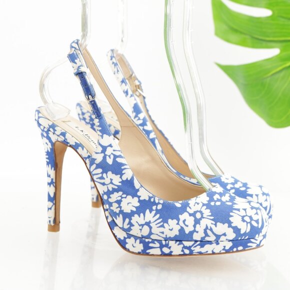 LK Bennett Women Clemmie Pump Size 38.5 8.5 Blue White Floral Slingback Platform - Picture 14 of 16